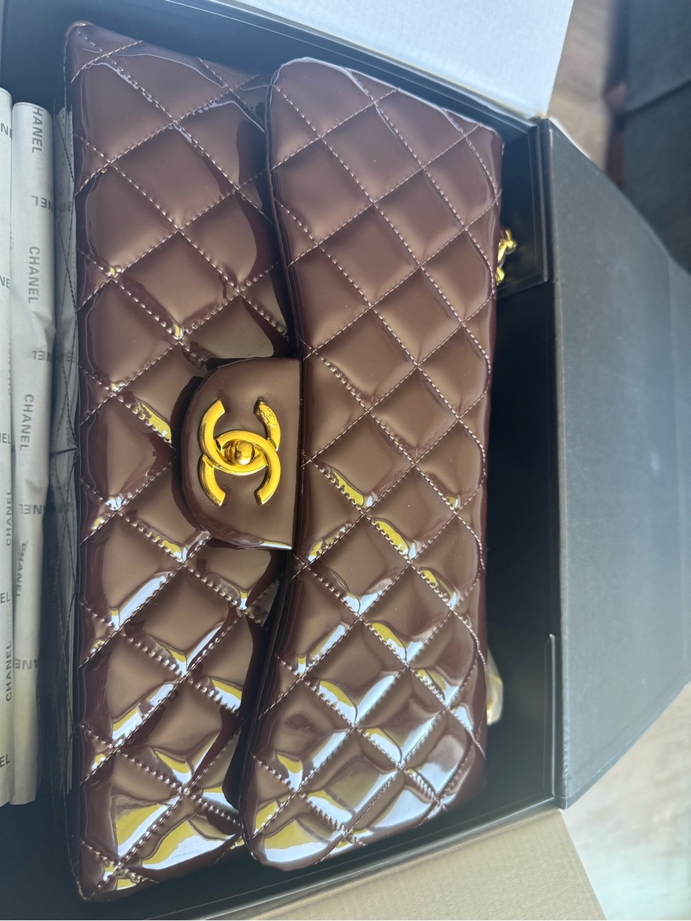 Quilted Patent Leather Flap shoulder Bag burgundy with Gold Hardware